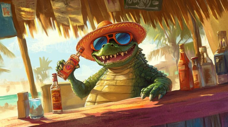 Cartoon style alligator sitting at a messy tropical tiki bar