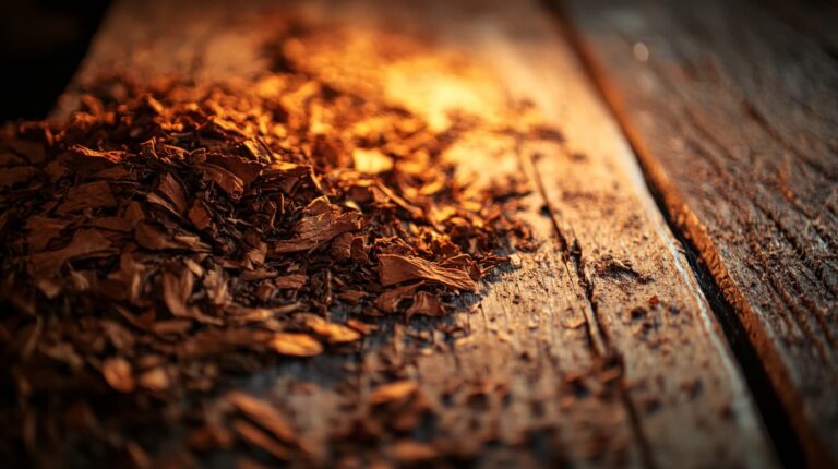 A close up shot of loose pipe tobacco scattered on an aged wooden desk, the rich brown tones of the tobacco