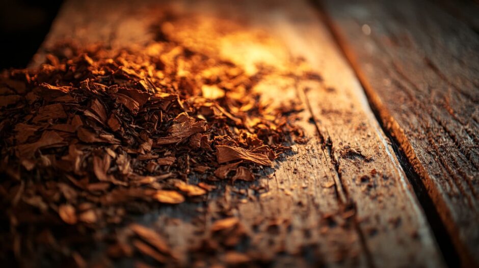 A close up shot of loose pipe tobacco scattered on an aged wooden desk, the rich brown tones of the tobacco