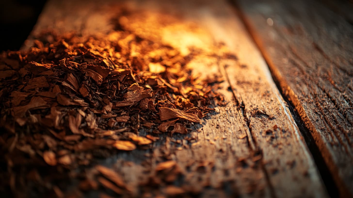 A close up shot of loose pipe tobacco scattered on an aged wooden desk, the rich brown tones of the tobacco