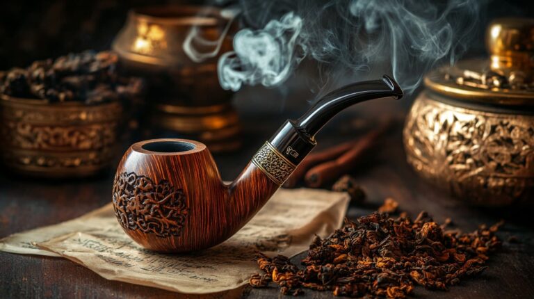 A sophisticated and atmospheric composition featuring an elegant pipe tobacco scene with Eastern Oriental influences